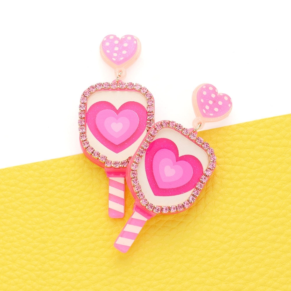 Pink Heart PickleBall Earrings 2.5" Trendy Dangle Paddle White